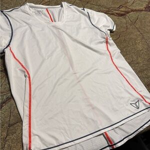 Stylish White Long Sleeve Tee with Red and Black Accents